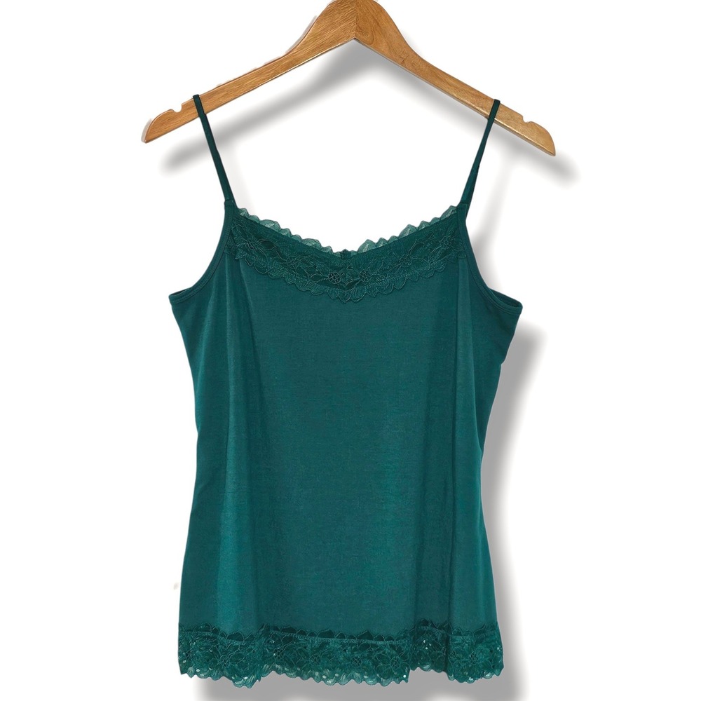 Turquoise Cami L Women Lace Trim Teal Jersey Long Line Tank Top Coquette 90s Y2K